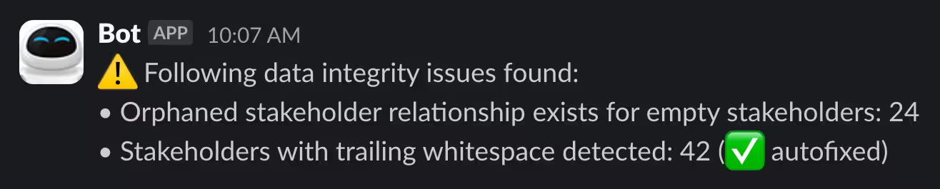 Example Slack message of data integrity checker