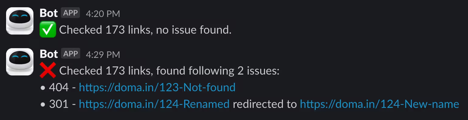 Example Slack message of link checker