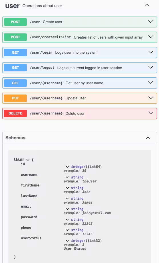 OpenAPI example for user actions and schema